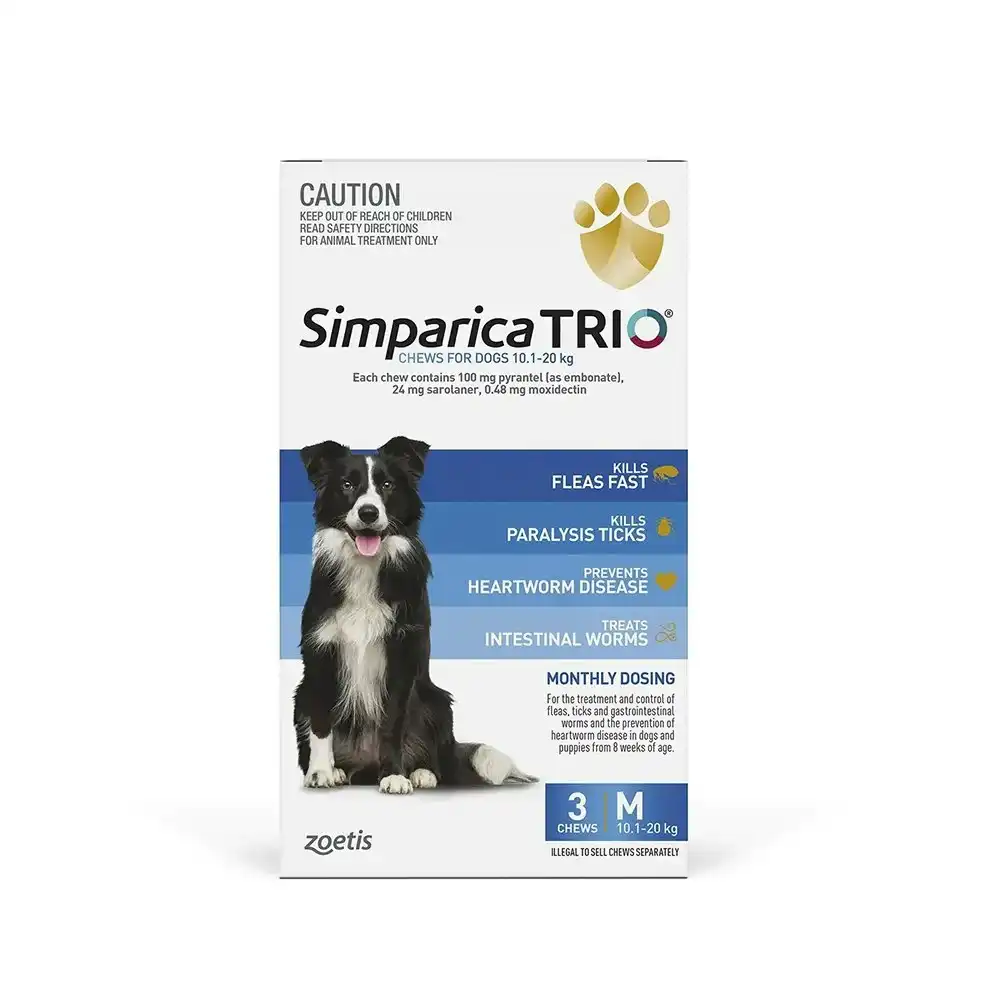 Simparica Trio Blue For Medium Dogs (10.1-20kg) - 3 Pack, 6 Pack & 12 Pack