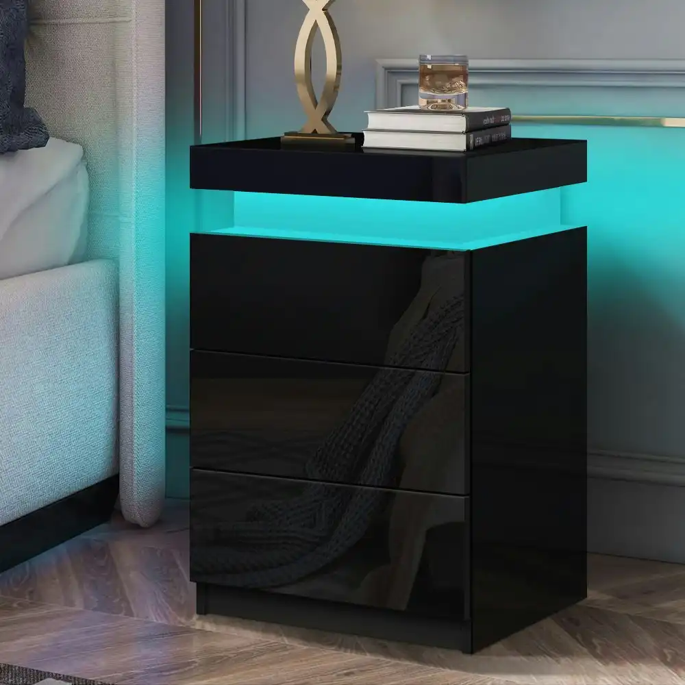 Alfordson Bedside Table LED Black Gloss