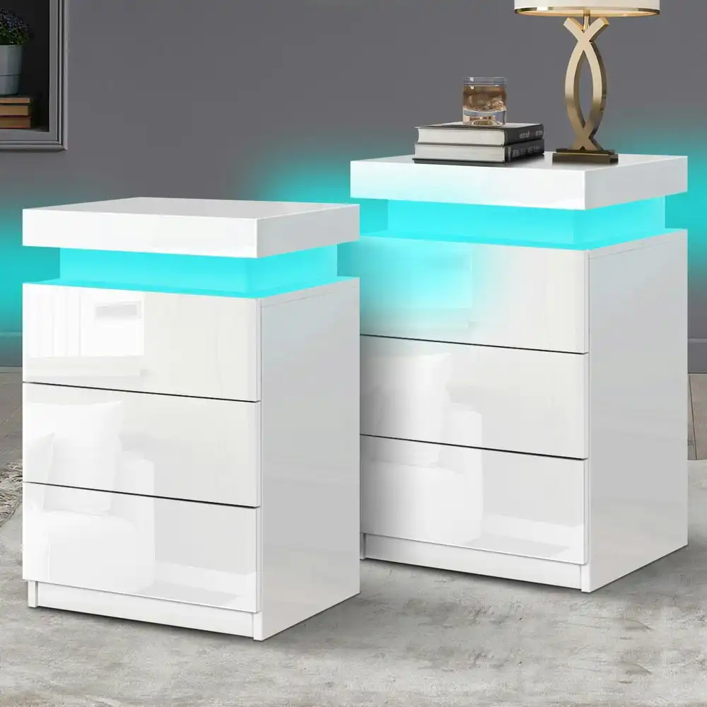 Alfordson 2x Bedside Table LED White Gloss