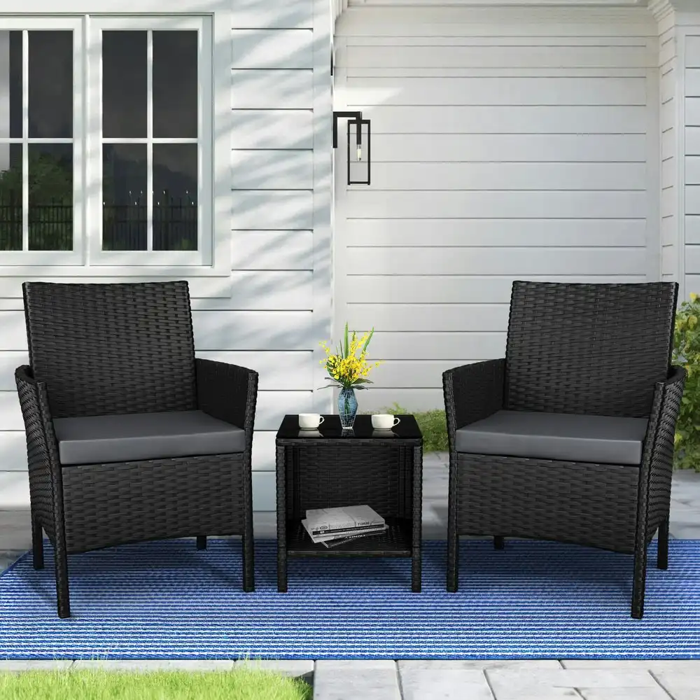 Alfordson Outdoor Furniture 3PCS Bistro Wicker Set Black
