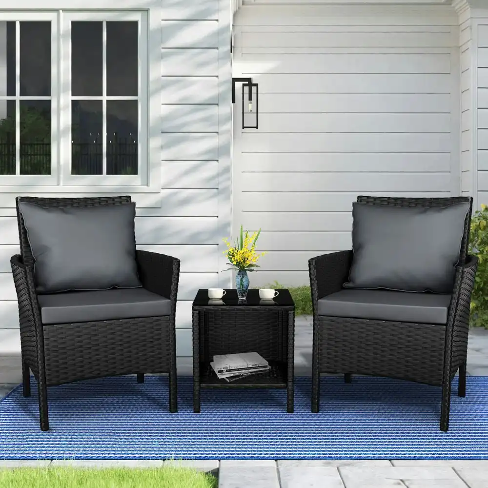 Alfordson Outdoor Furniture 3PCS Bistro Wicker Set Pillows Black