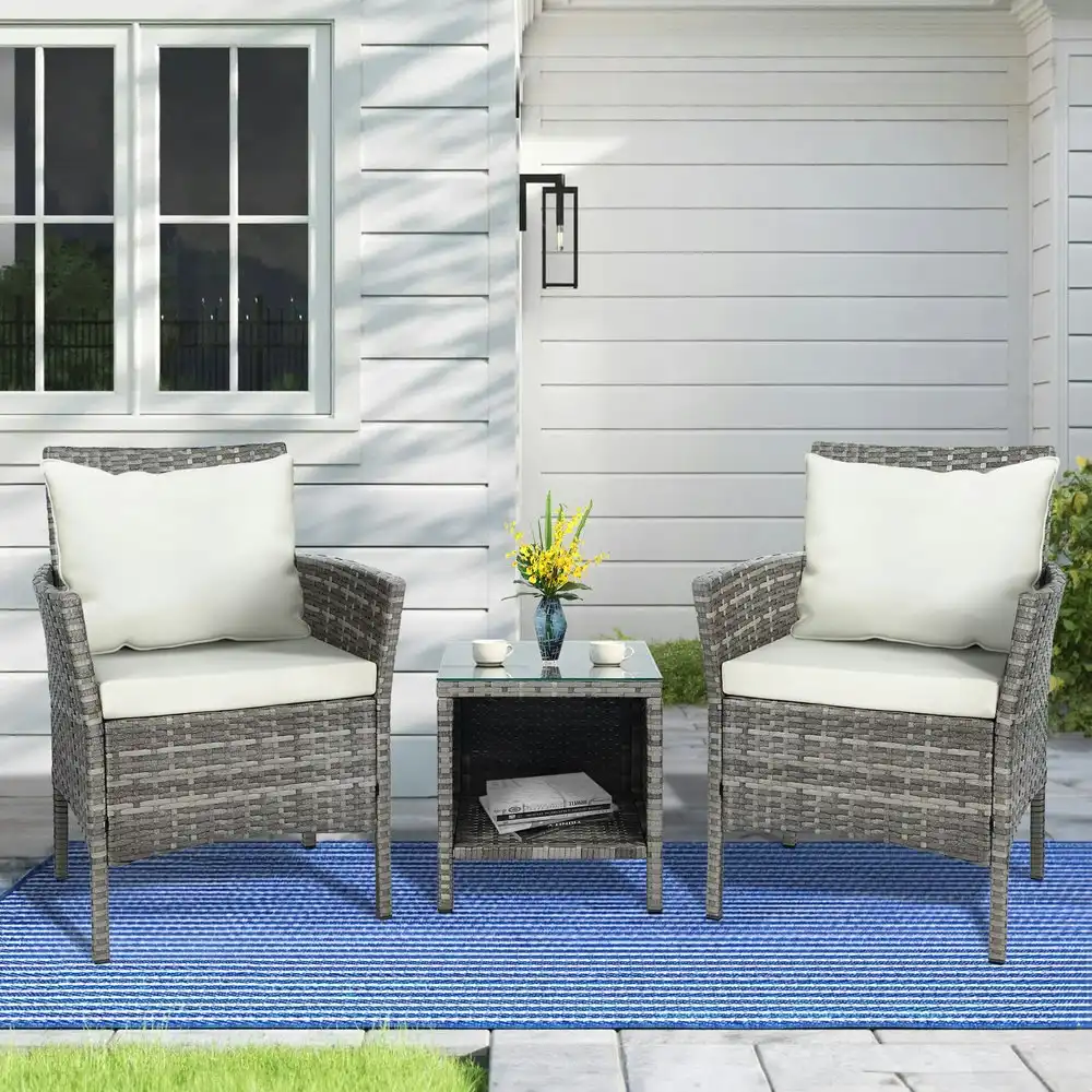 Alfordson Outdoor Furniture 3PCS Bistro Wicker Set Pillows Grey
