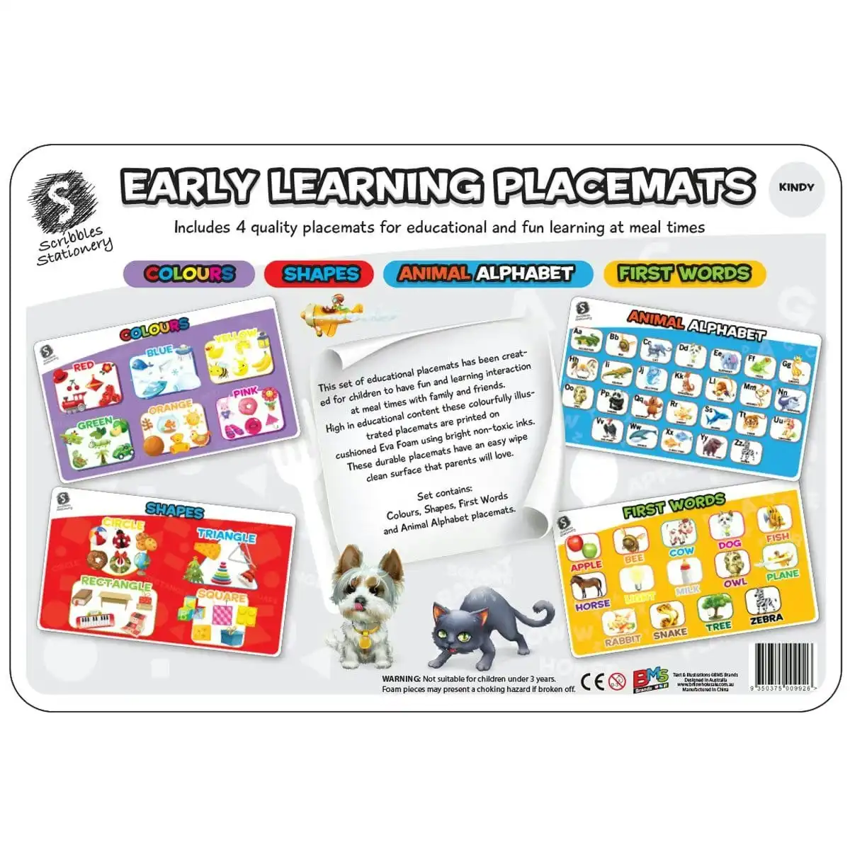 Scribbles Stationery Kindy Early Learning Educational Placemats 4 Pack