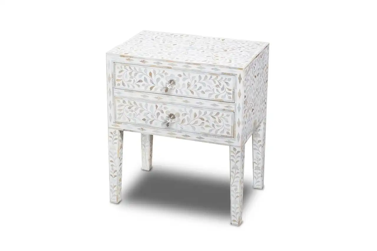Zohi_Interiors Bone Inlay Bedside Table with 2 Drawers in White - Last One