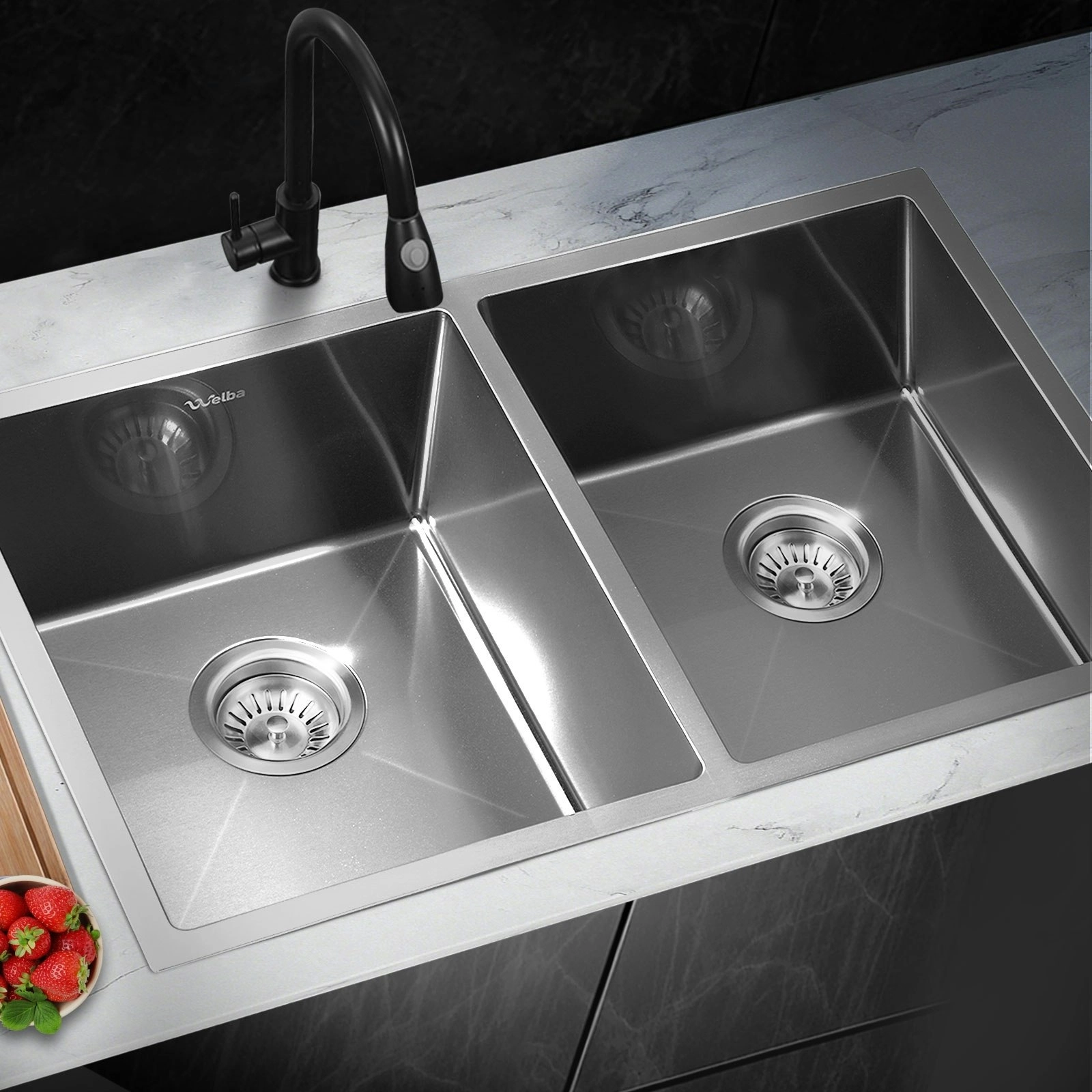 Welba Kitchen Sink Stainless Steel Basin Double Under/Top/Flush Mount 76X44CM