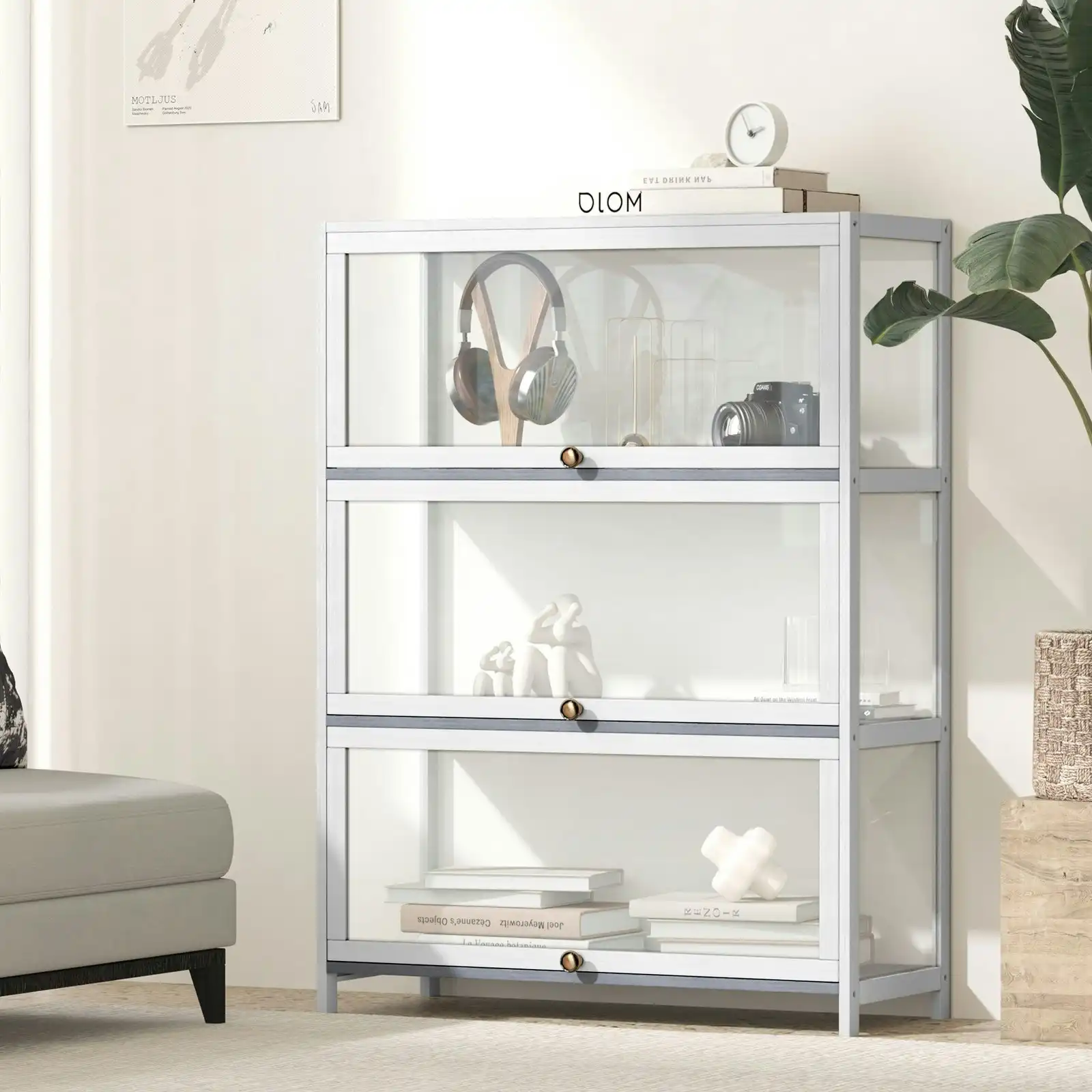 Oikiture Display Cabinet With Bamboo Frame Acrylic Board 3 shelves White
