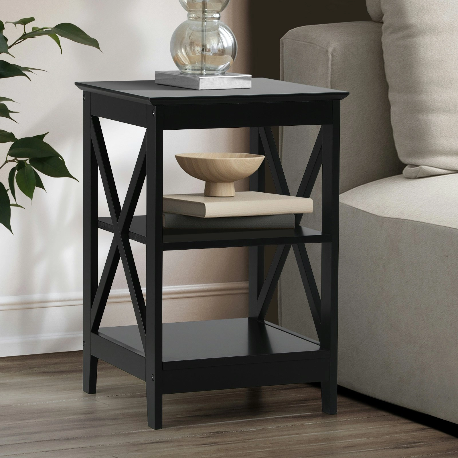 Oikiture Side Table Coffee Bedside Sofa End Tables 3-tier Shelf Black