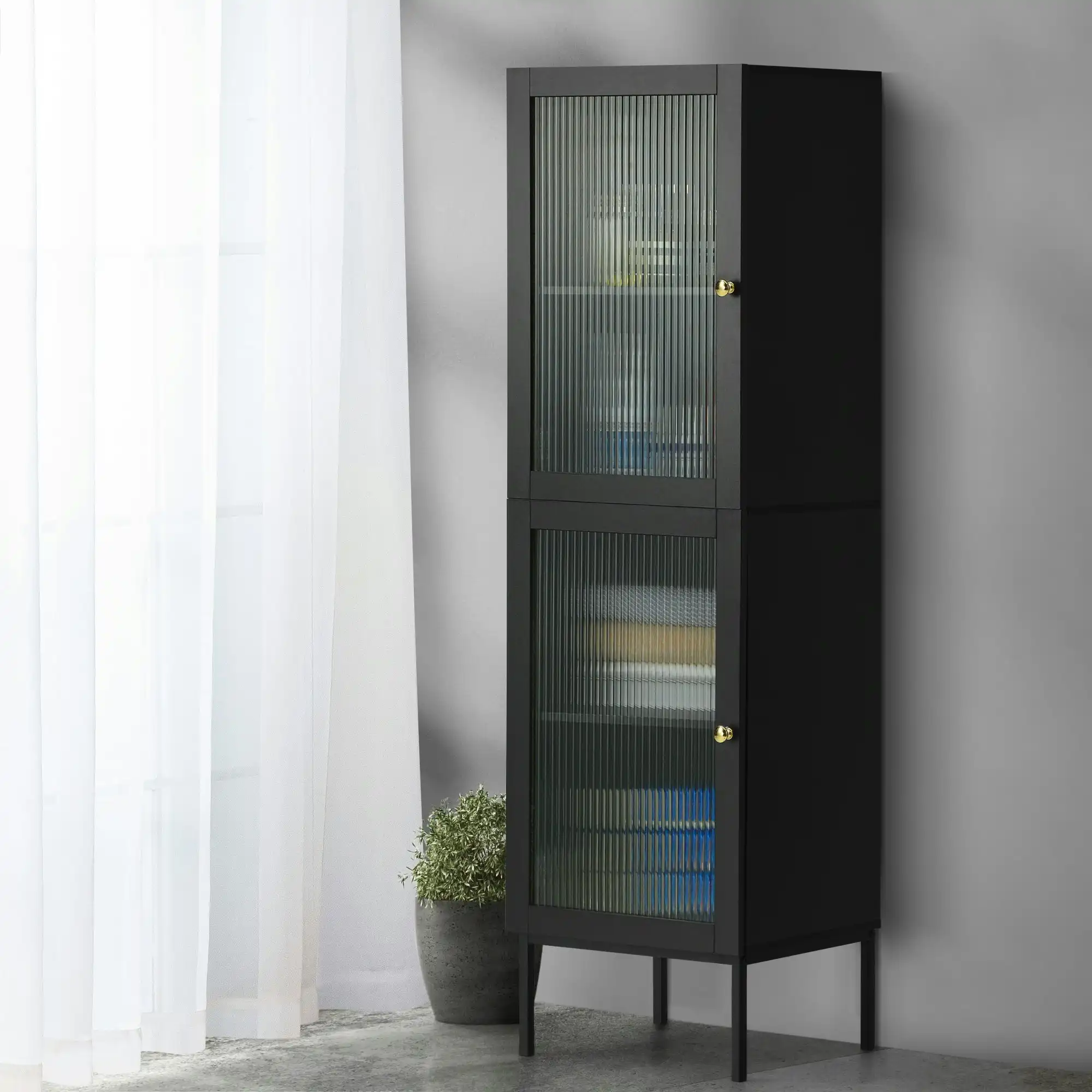 Oikiture Storage Cabinet Tall Slim Cupboard Tempered Glass Door Black
