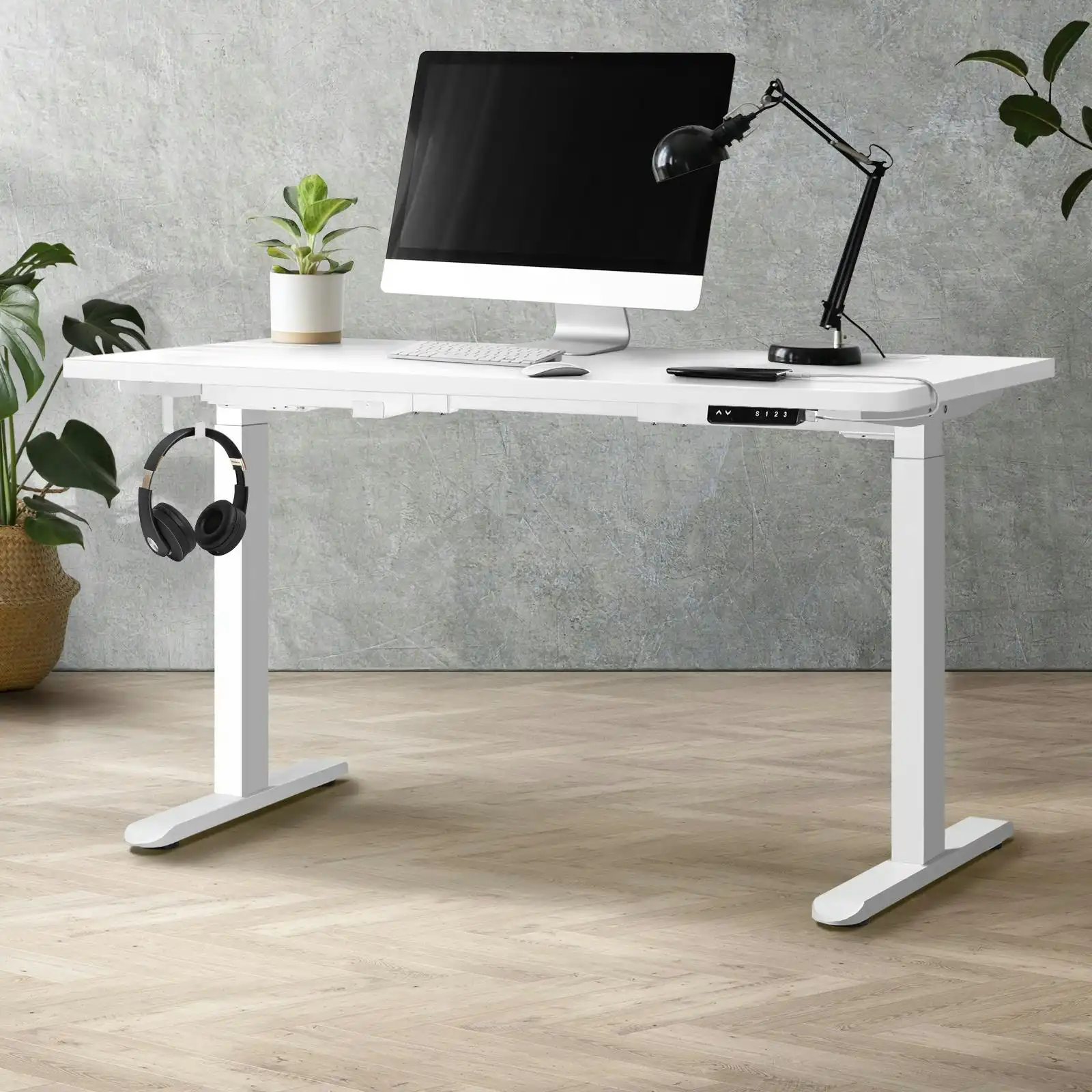 Oikiture 150cm Electric Standing Desk Dual Motor White Frame White Desktop