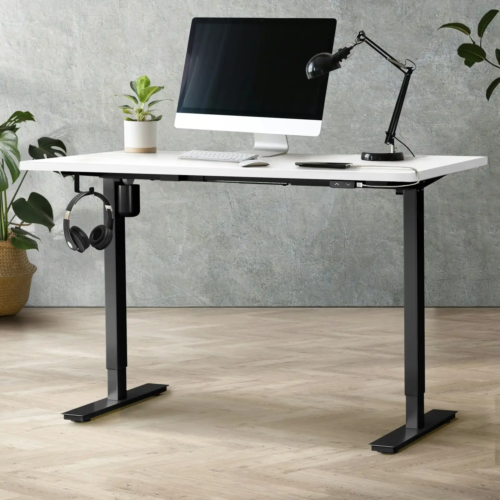 Oikiture 150cm Electric Standing Desk Single Motor Black Frame White Desktop