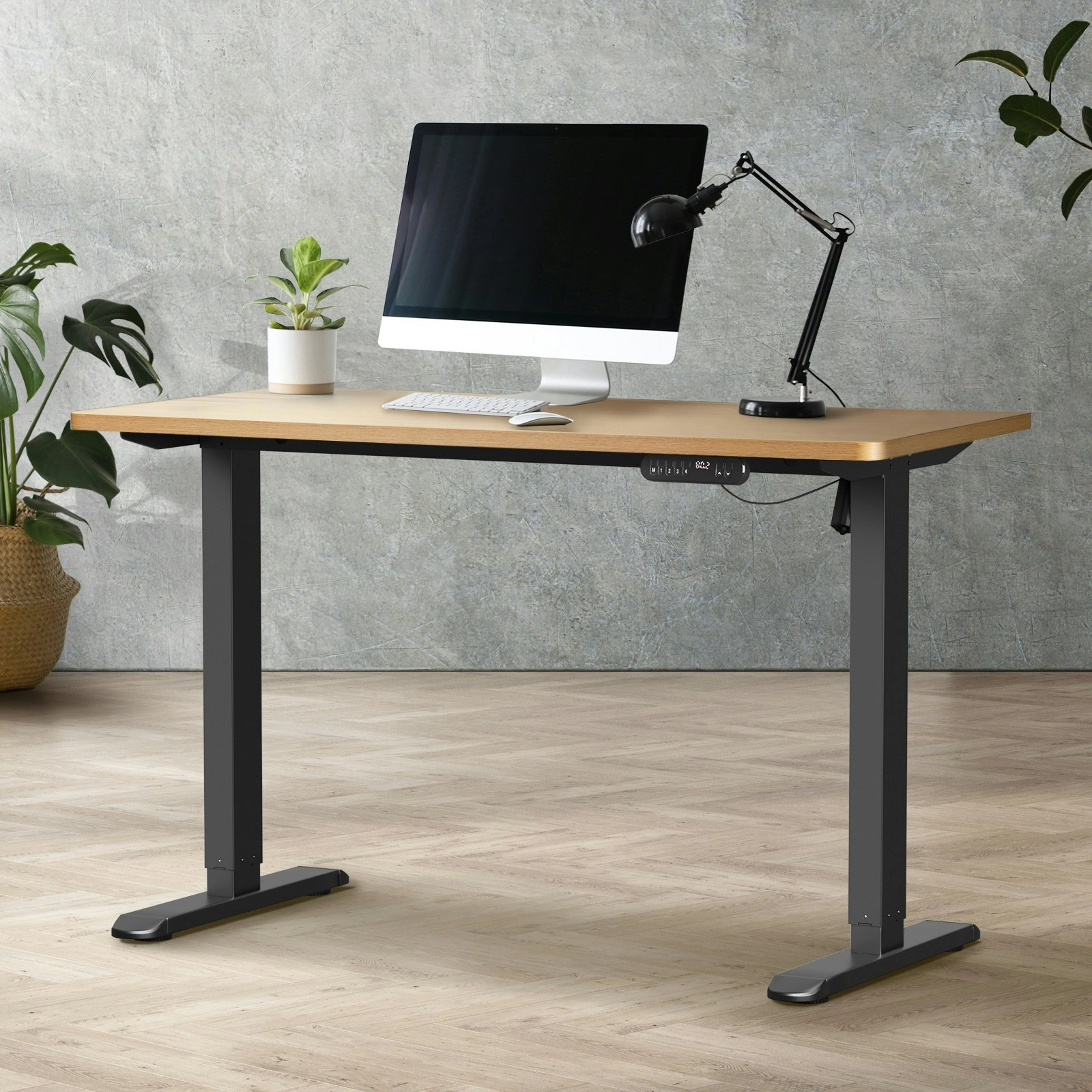 Oikiture 120CM Electric Standing Desk Single Motor Black Frame OAK Tabletop