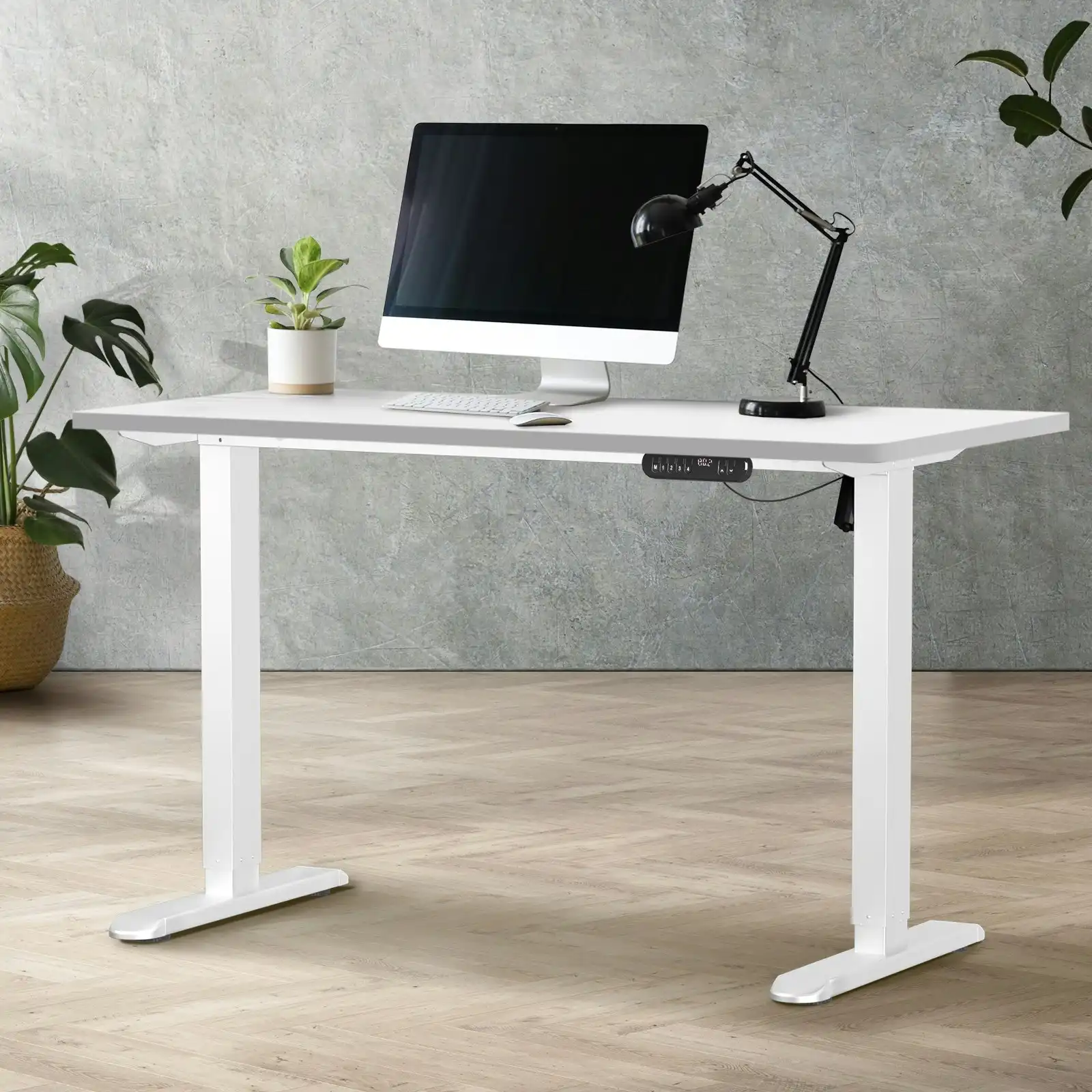 Oikiture 120CM Electric Standing Desk Single Motor White Frame White Tabletop