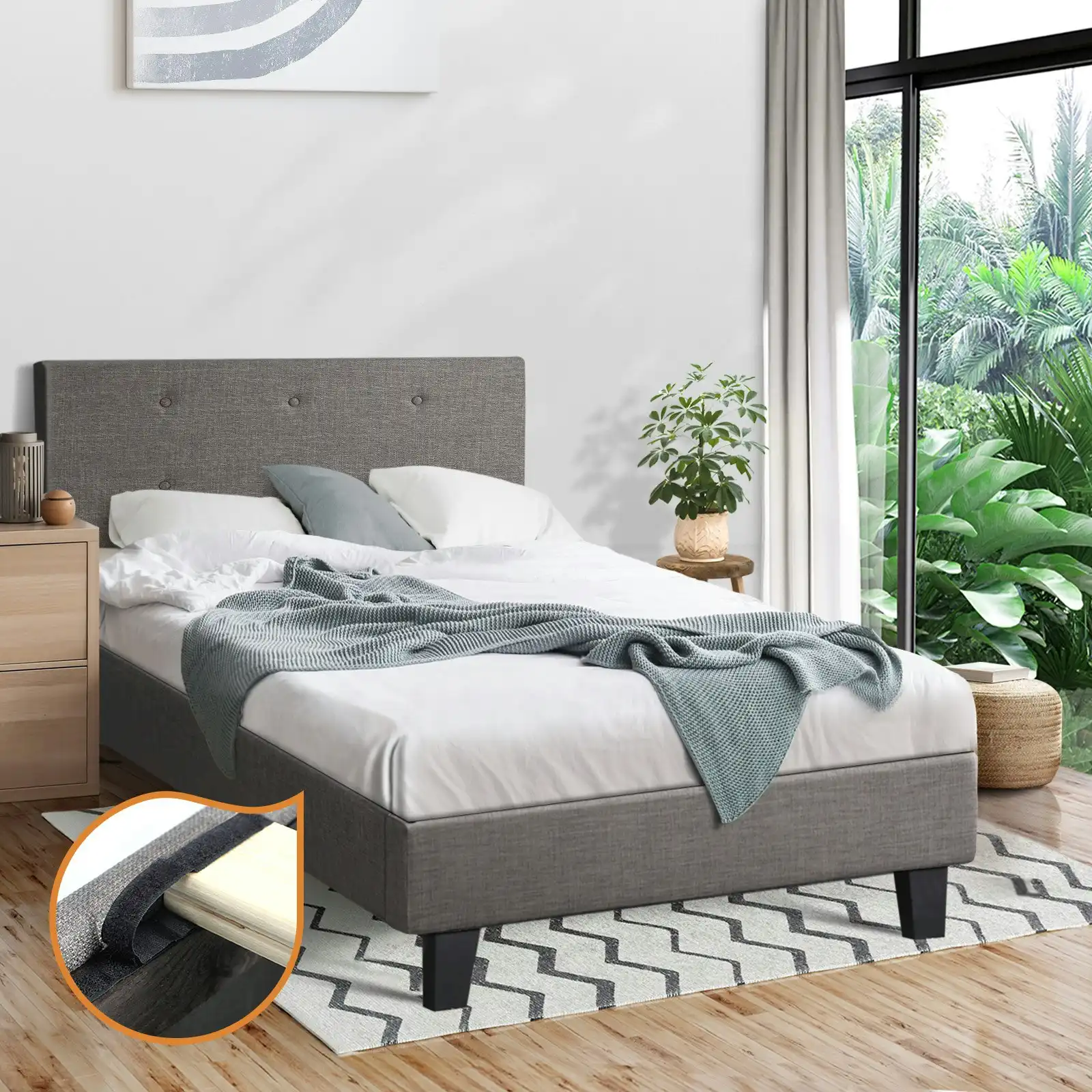 Oikiture Bed Frame Single Size Bed Platform Wooden Fabric Grey