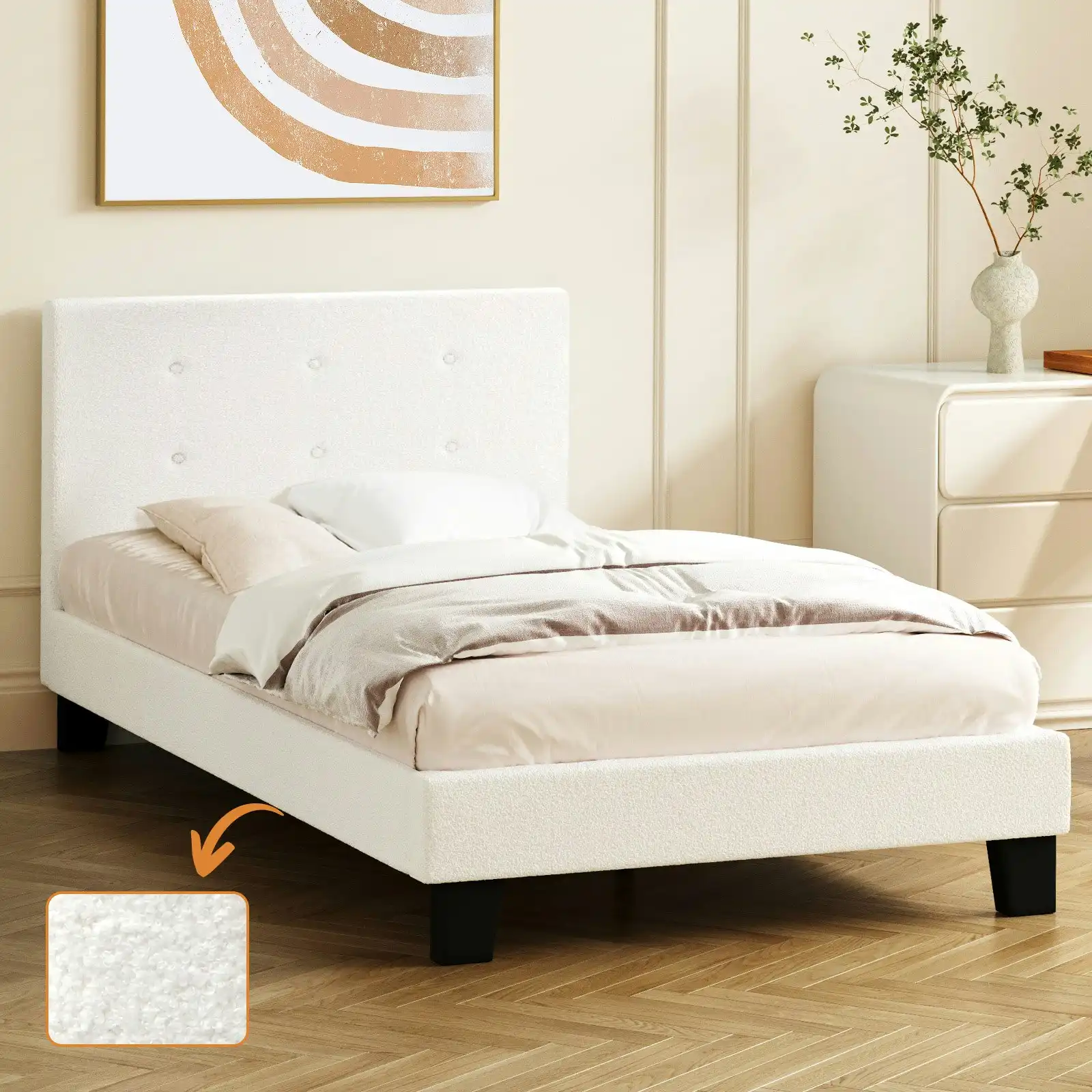 Oikiture Bed Frame Single Size Bed Platform Wooden White Boucle