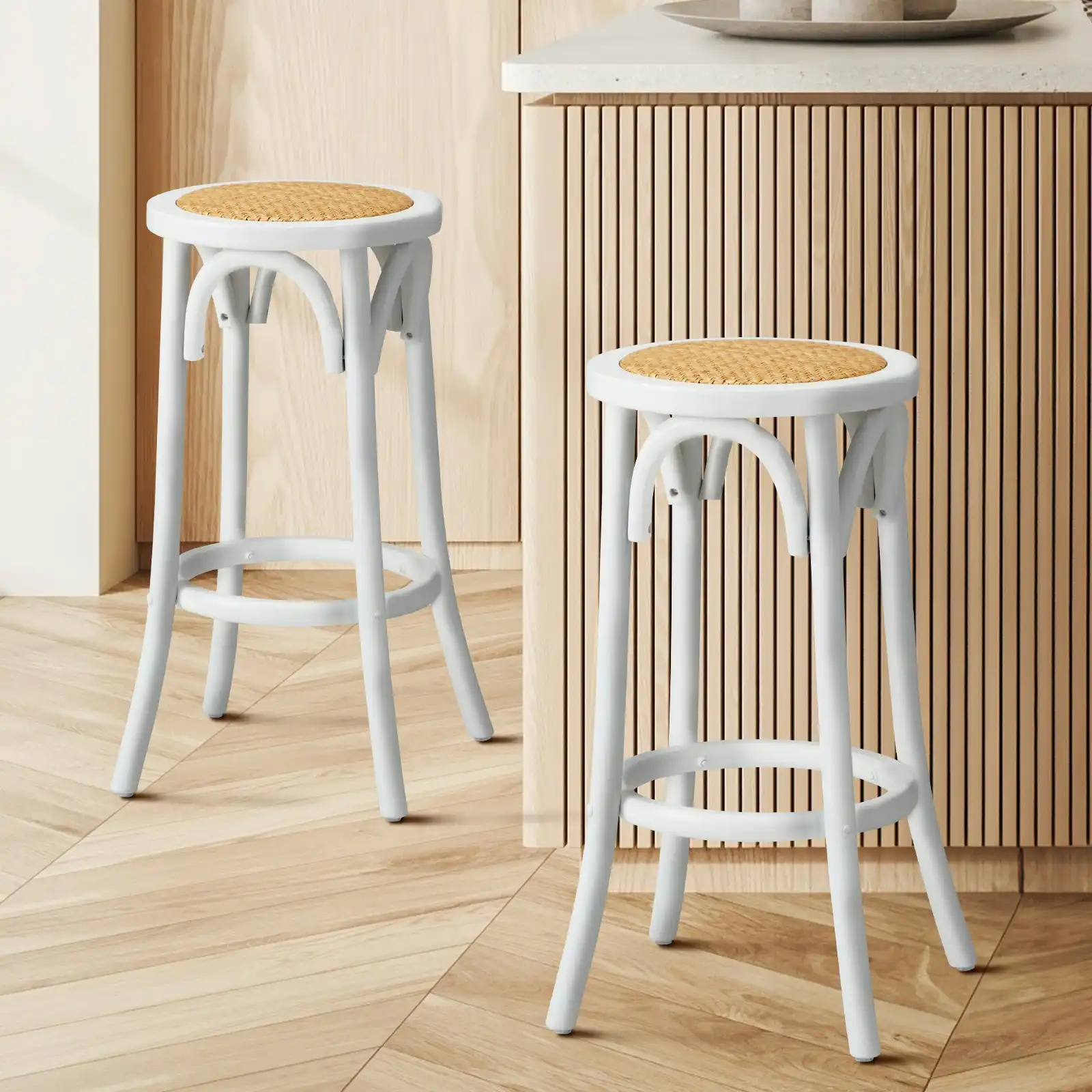 Oikiture 2x Bar Stools Kitchen Vintage Dining Chair Rattan Seat White