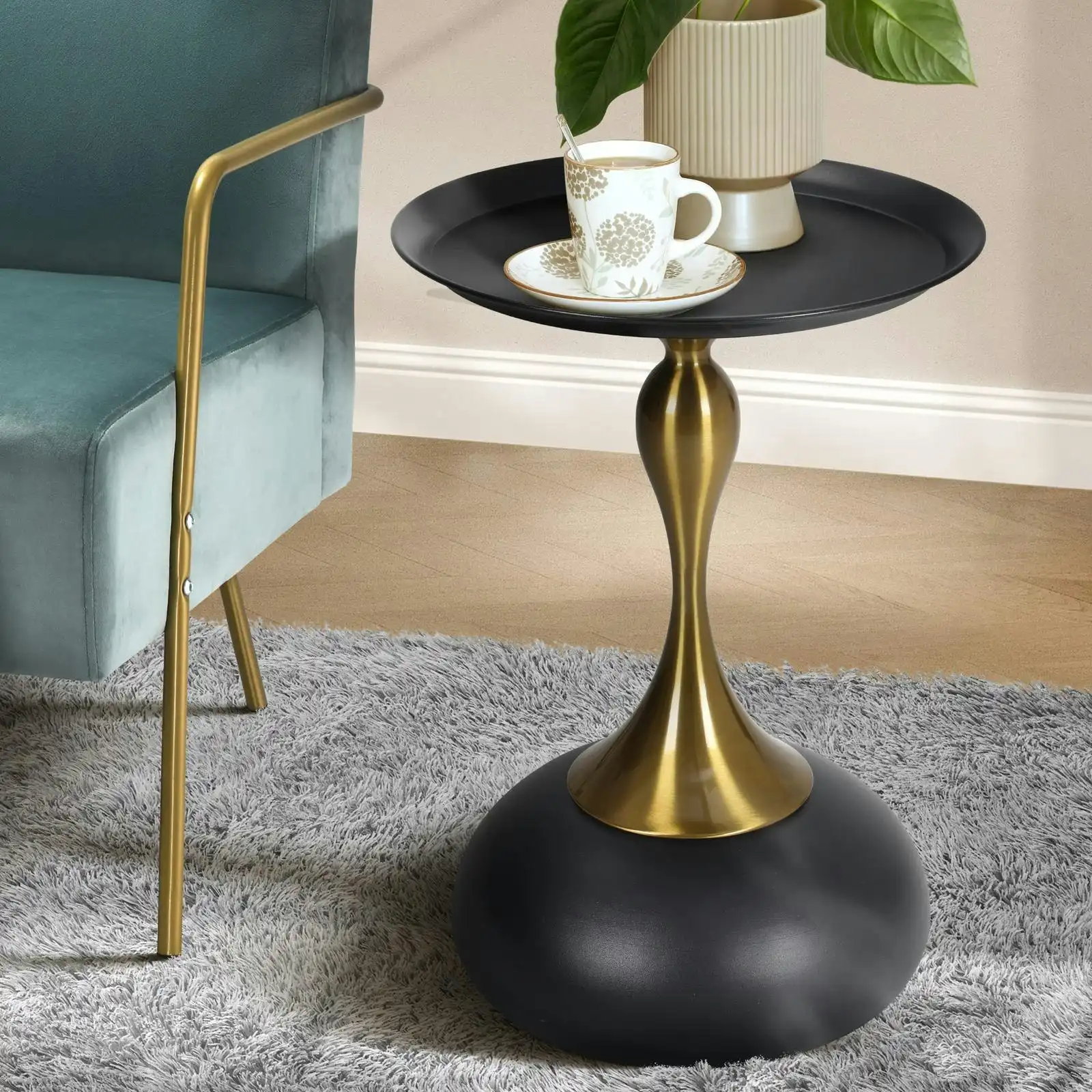 Oikiture Coffee Side Table Bedside Sofa Tea End Tables Round Metal Black