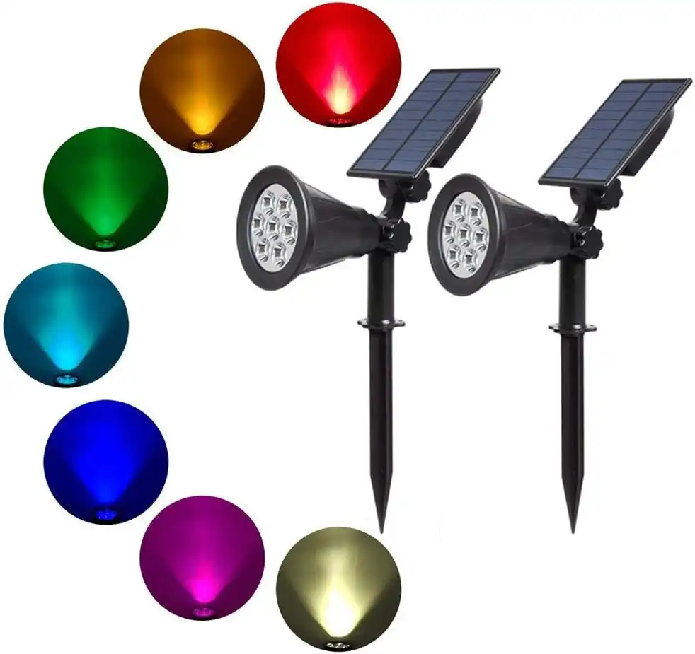 2 Pack Outdoor Solar Lights, 7 LED Color Changing, 2-in-1 Multi Use Spotlights Auto-on Night Auto-off Day