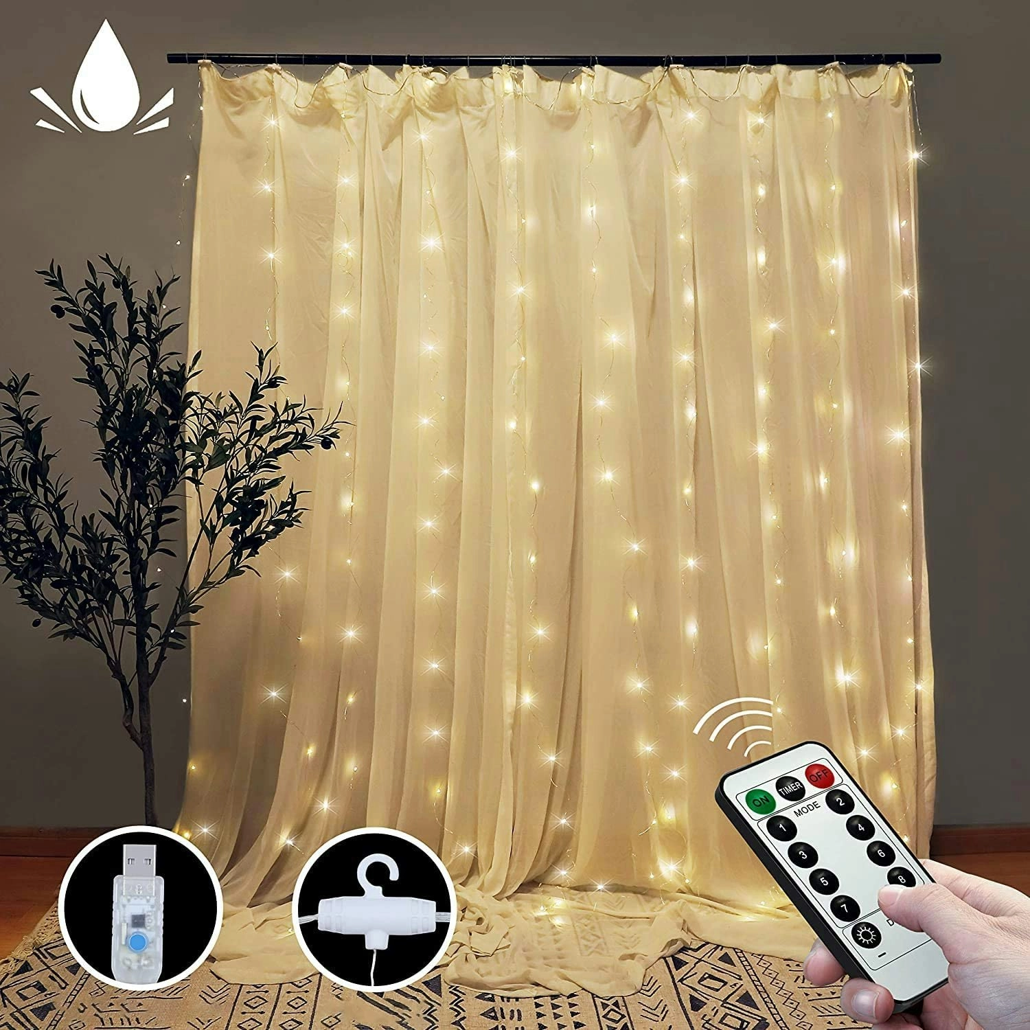 300 LEDs Window Curtain Fairy Lights 8 Modes and Remote Control for Bedroom (Warm White, 300 x 300cm)