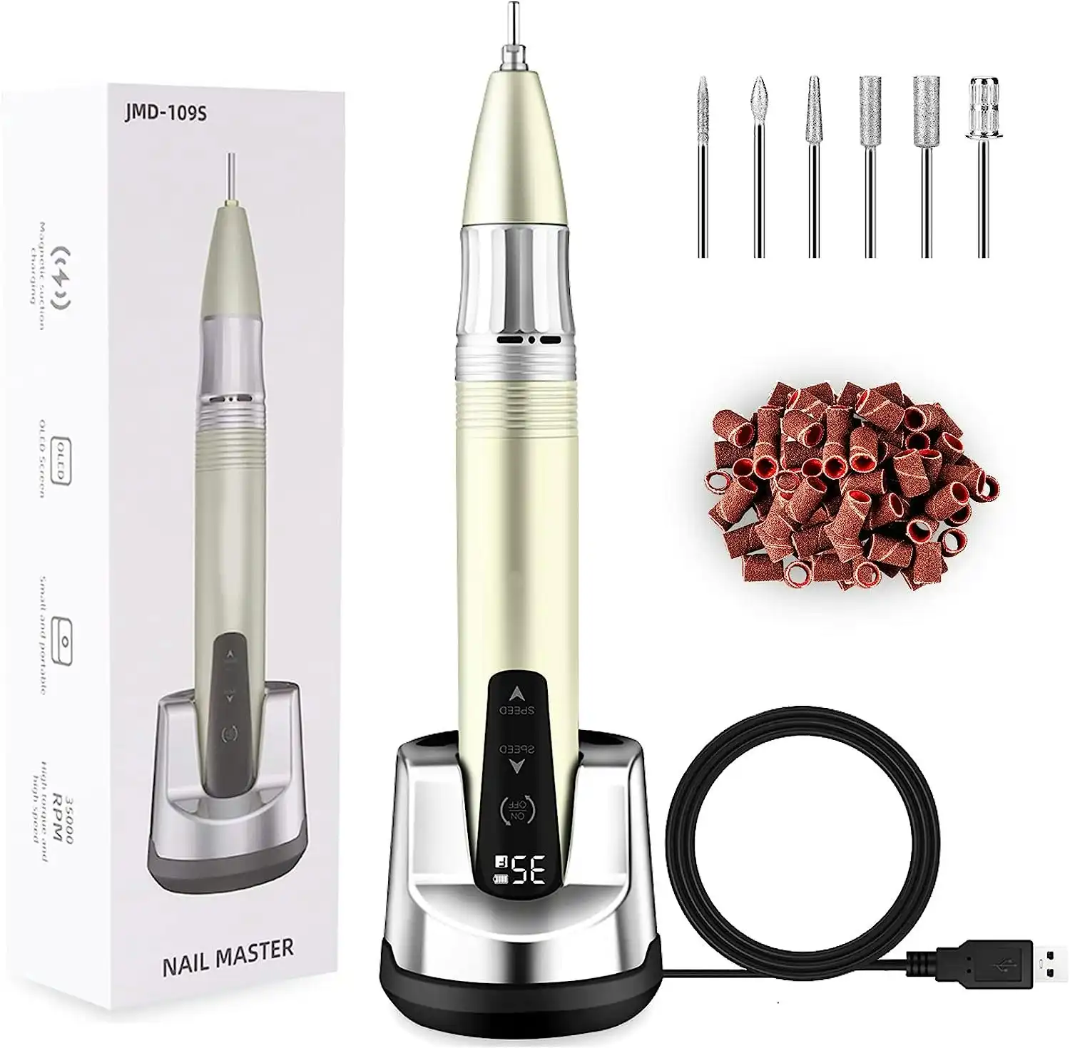 Rechargeable Nail Drill, 35000 RPM, Cordless Electric Nail File, Wireless Efile for Acrylic Gel Nails, Manicure Pedicure Polishing