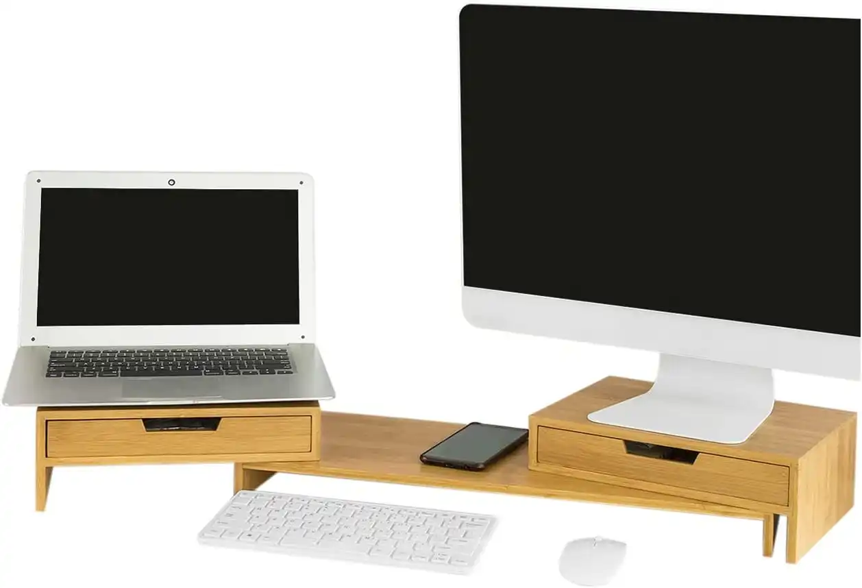 Bamboo 2-Drawer Monitor Stand - Desk Organizer for 2 Screens