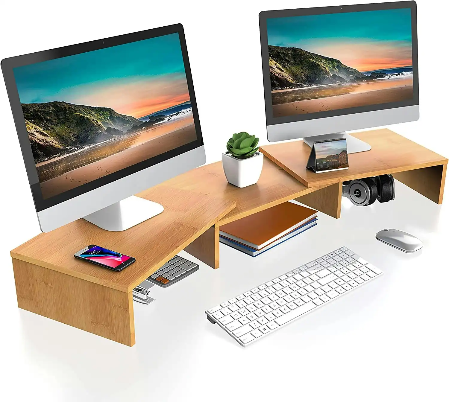 3 x Adjustable Computer monitor stand riser (Bamboo Color)
