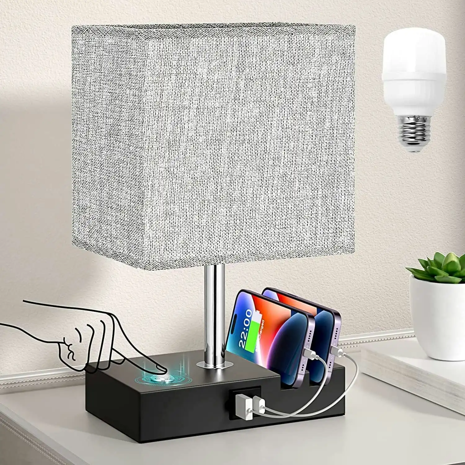 Dimmable Table Lamp for Bedroom, Touch Control, USB C+A, Phone Stand, Small Desk Lamp, LED Bulb Included