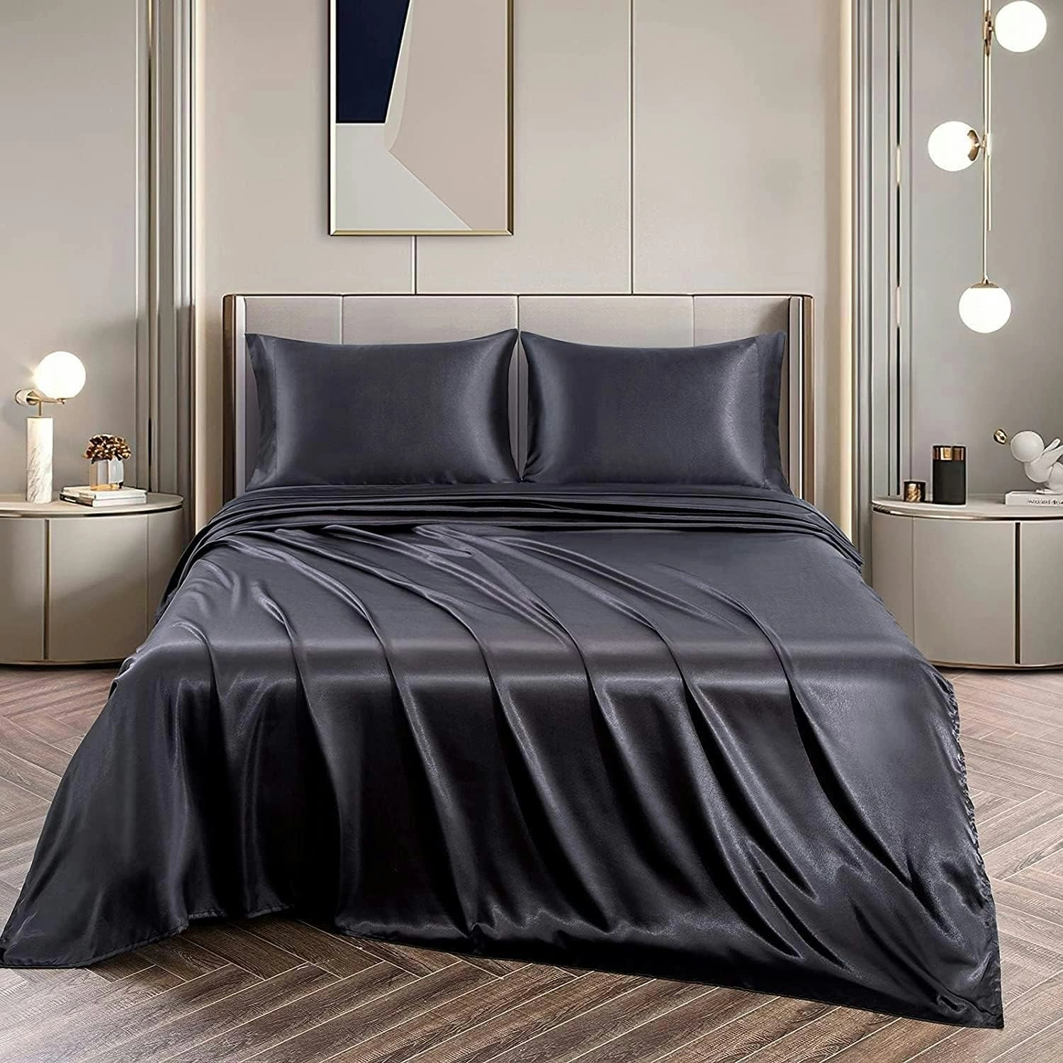 Soft Silky Satin Sheet Set 4pc 2000TC Queen Deep Pocket Flat Fitted Black