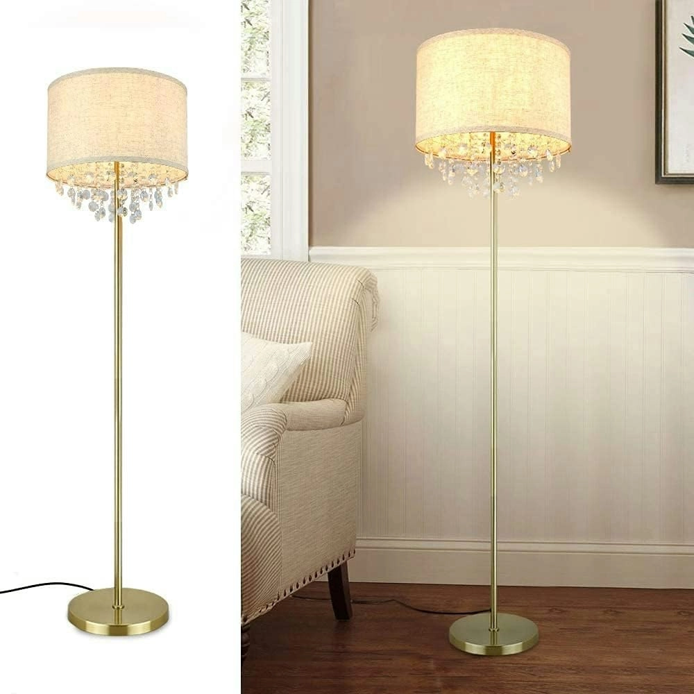 LED Floor Lamp Living Room Crystal Elegant Standing Lamp Kids Bedroom Mid Century Modern Farmhouse Rooms Tall Pole Fabric Drum Shade Brass E27 Warm Light