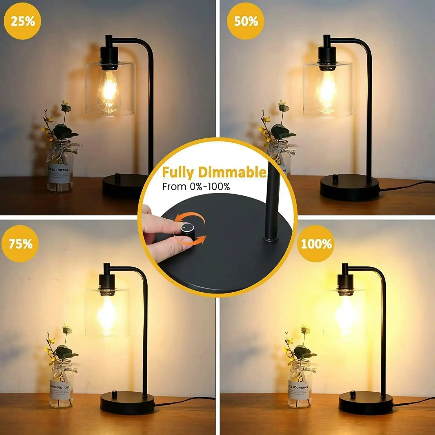 Industrial Desk Lamp USB Charging Port Modern Dimmable Bedside Nightstand Lamp Glass Shade Bedroom Living Room Office Bulb Included Black