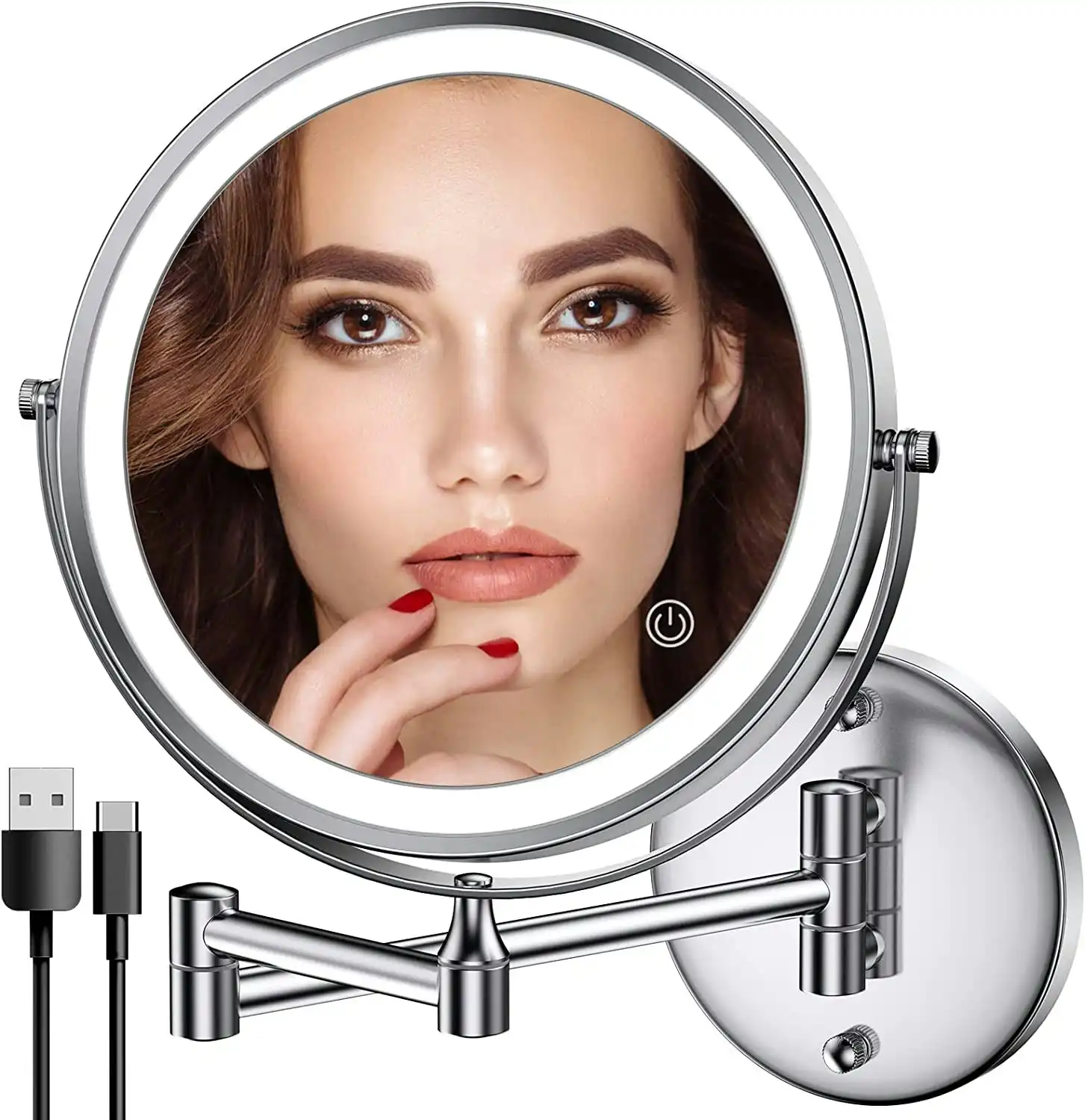 LED Makeup Mirror Wall Mounted 20cm 1X/10X Magnification 3 Color Lights Touch Screen Dimmable 360Ã‚Â°Swivel 33 cm Extendable
