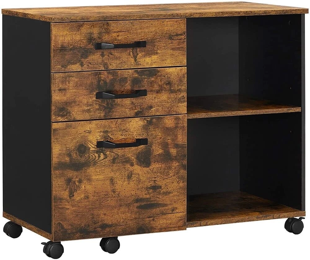 3-Drawer File Cabinet with Open Compartments for A4, Rustic Brown and Black