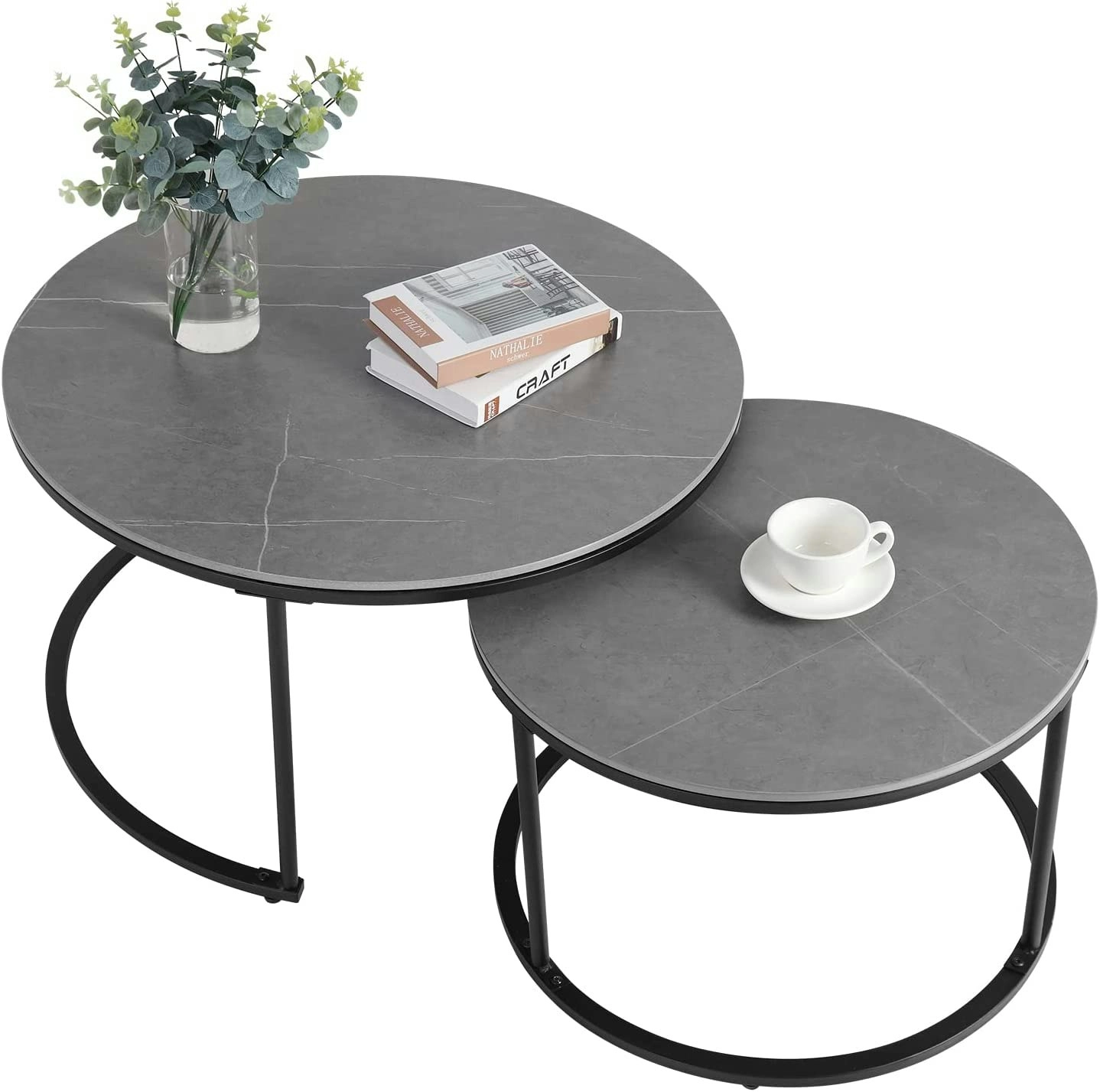 Set of 2 Coffee table, Round, Sintered Stone (Grey)