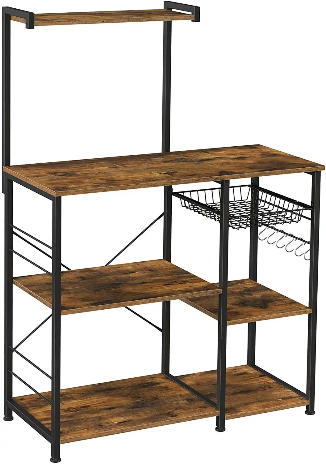 Kitchen Bakers Rack with Shelves, Microwave Stand with Wire Basket and 6 S-Hooks, Rustic Brown
