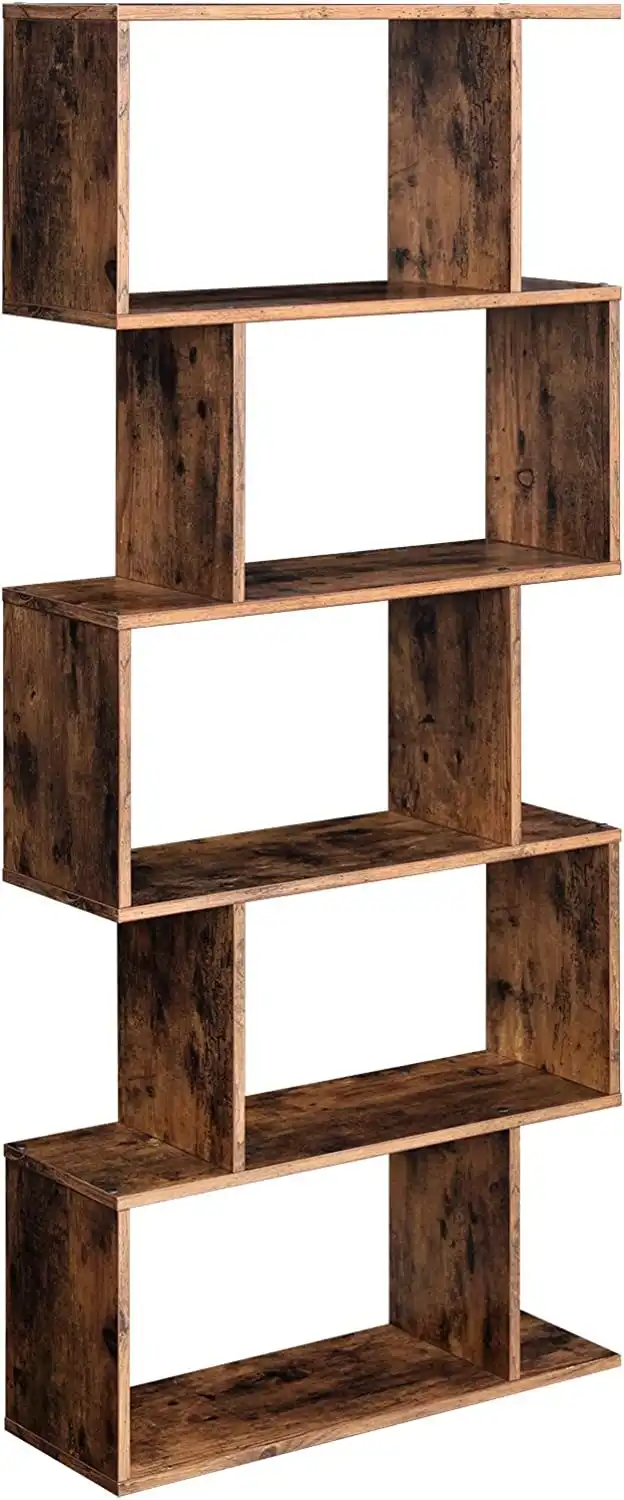 Rustic Brown 5-Tier Wooden Bookcase - Freestanding Display Shelf and Room Divider