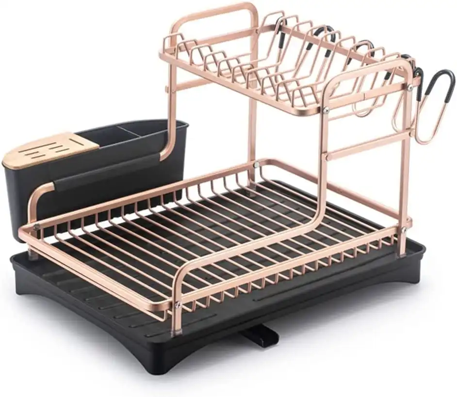 Aluminum Dish Drying Rack with Removable Cutlery Holder and Cup Holde