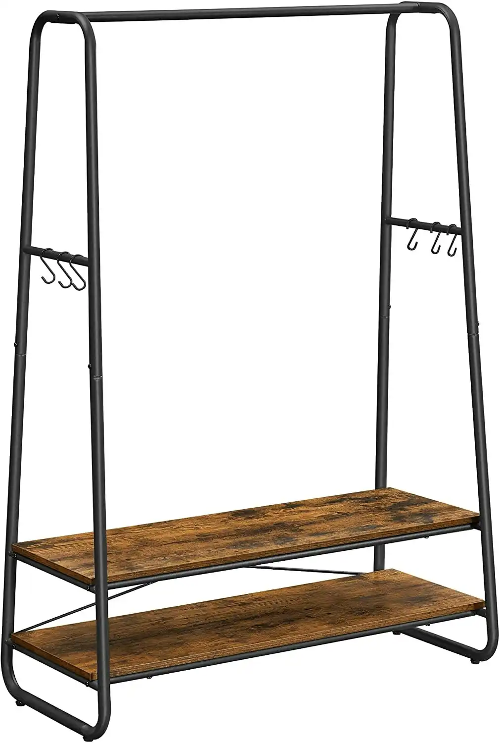Rustic Brown and Black Heavy Duty Clothes Rack - Garment Rack with 2 Shelves and 6 S Hooks