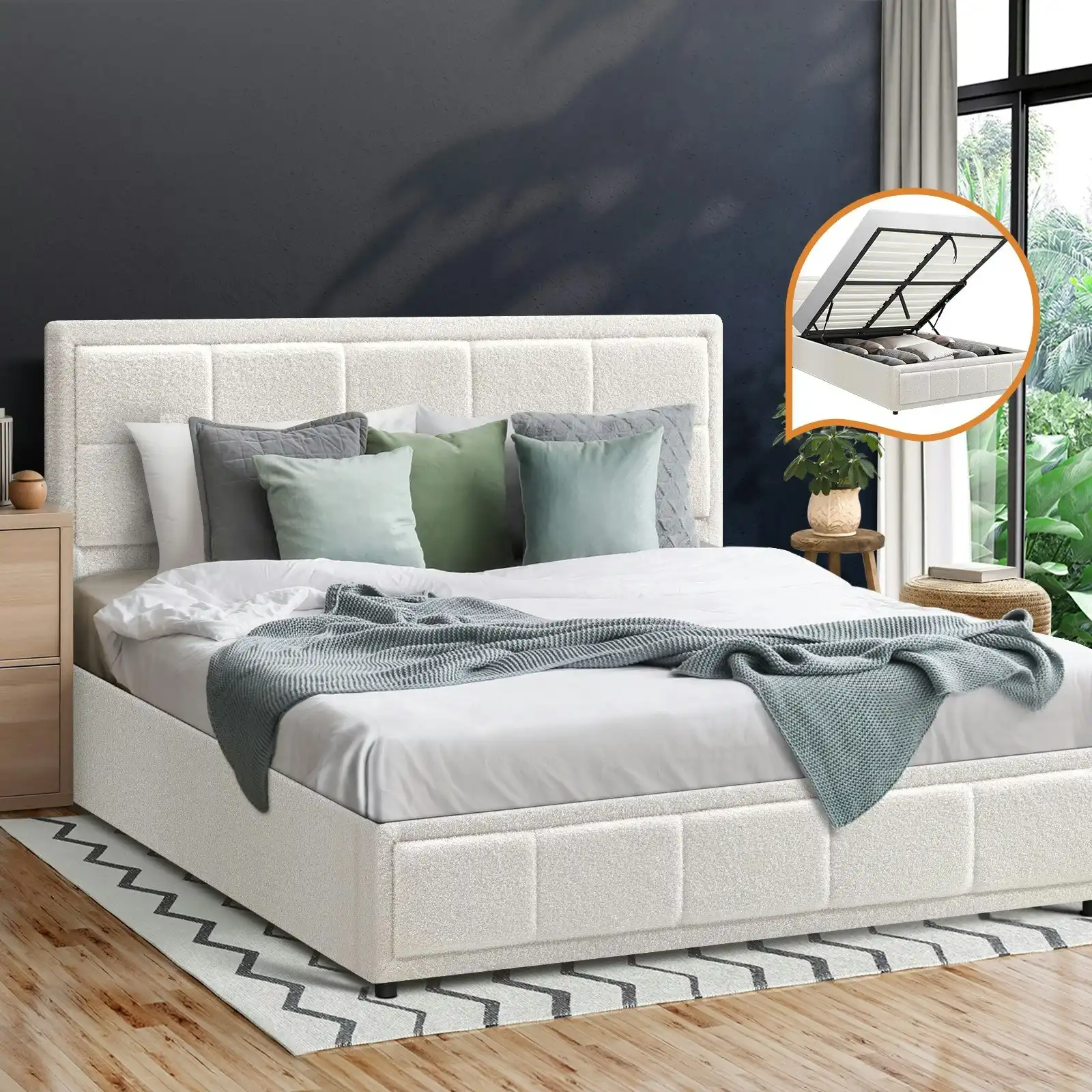 Oikiture Bed Frame Double Size Gas Lift Storage Bed Platform Boucle White