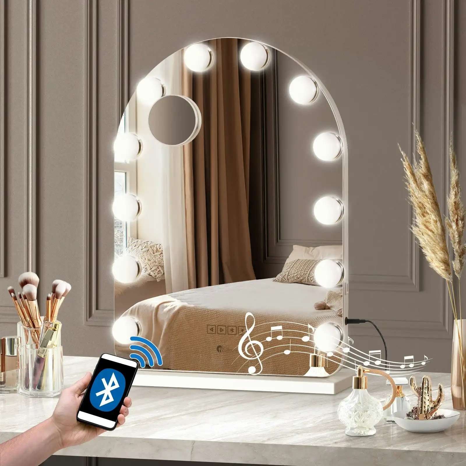 Oikiture 61x43cm LED Arched Makeup Mirror Bluetooth Hollywood Vanity Wall Mirrors Standing Wall Mounted