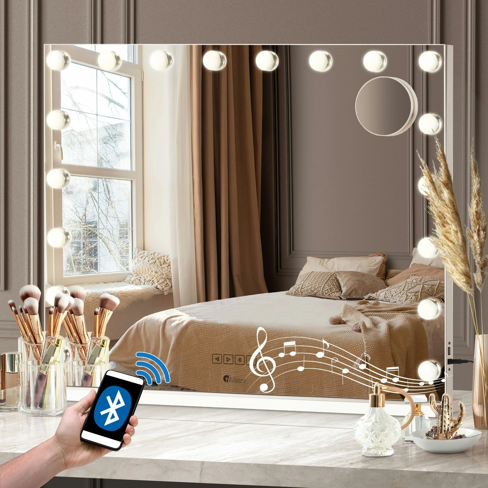 Oikiture 80x68cm Makeup Mirror Bluetooth Hollywood LED Light Vanity Mirrors Standing Wall Mounted