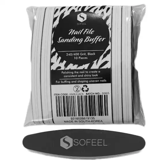 Sofeel Nail File Sanding Buffer 240/400 Grit Black with White Core Oval 2.4 x 10.5cm 10 Pack