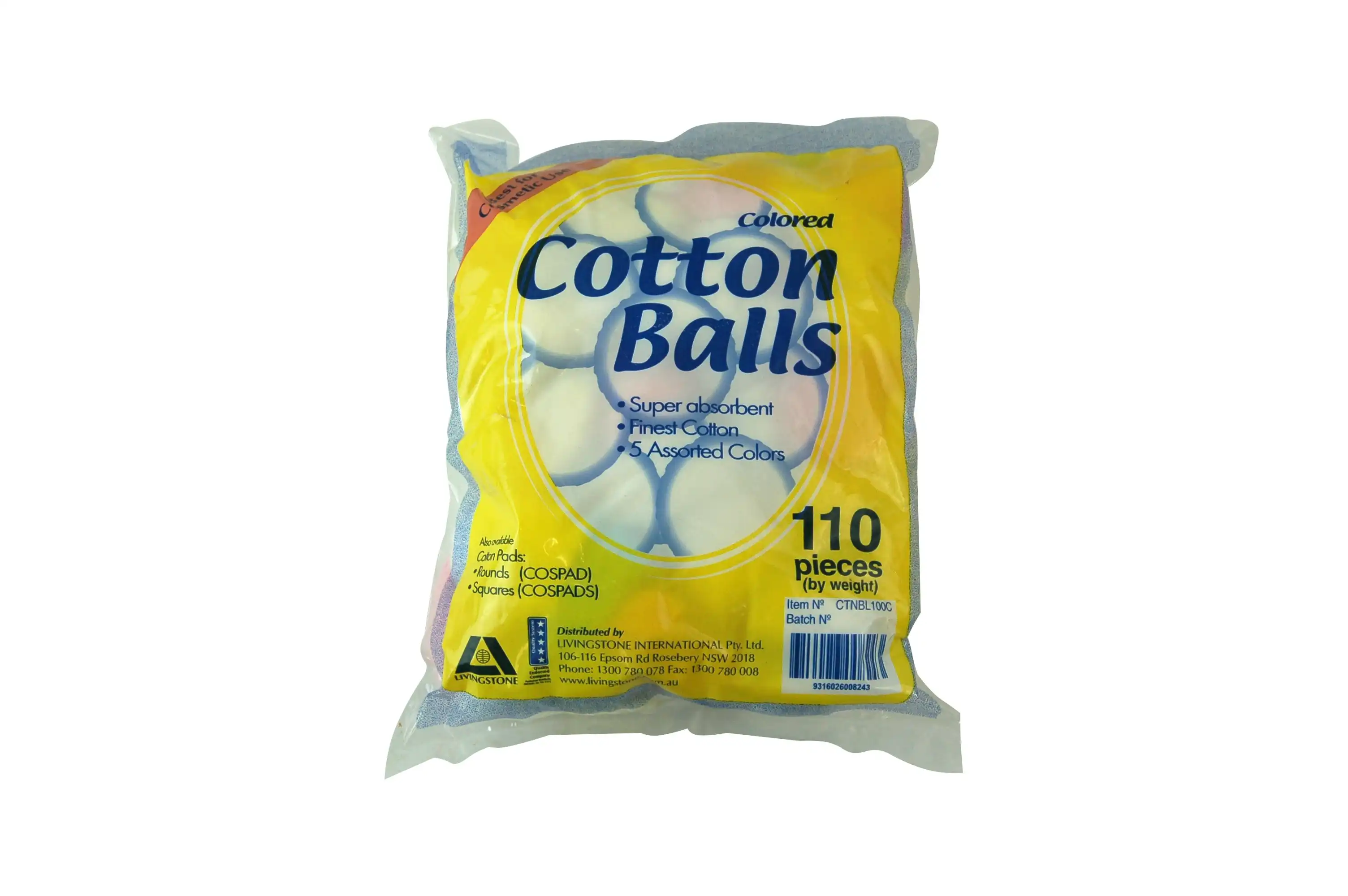 Livingstone Cotton Balls Non-Sterile 5 Assorted Colours 110 Bag