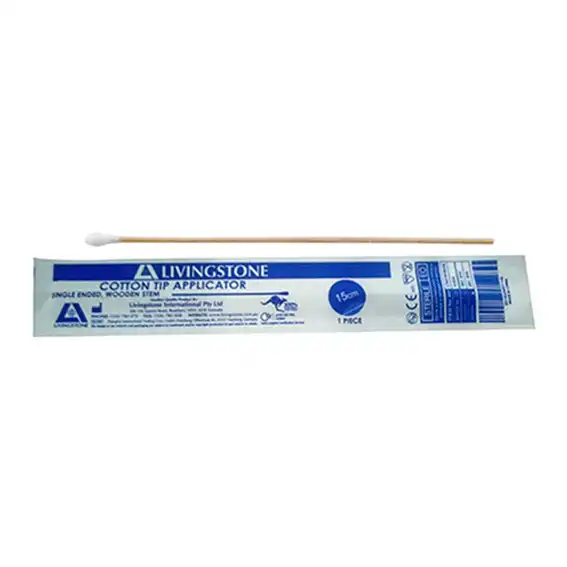 Livingstone Cotton Tip Applicator, Single Tipped Biodegradable Wooden Stem 15cm 100 Packs