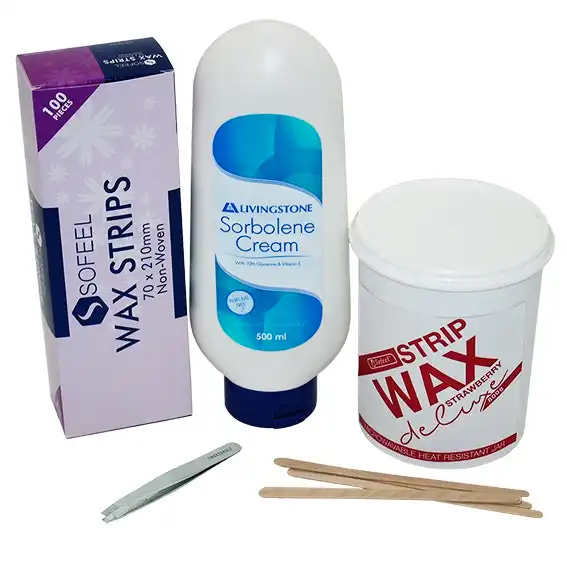 Livingstone At-Home Waxing Kit With Strawberry Wax + Tweezers + Spatulas + Waxing Strips + Sorbolene Cream