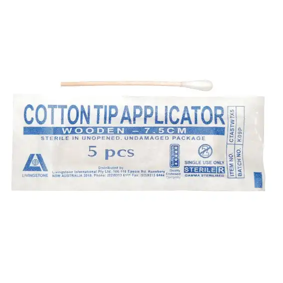 Liv Cotton Tip Applicator, Single Tip, Biodegradable Wooden Stem, 7.5cm, Sterile, 5/Pack, 1000 Packs/Carton, Reverse Opening x3