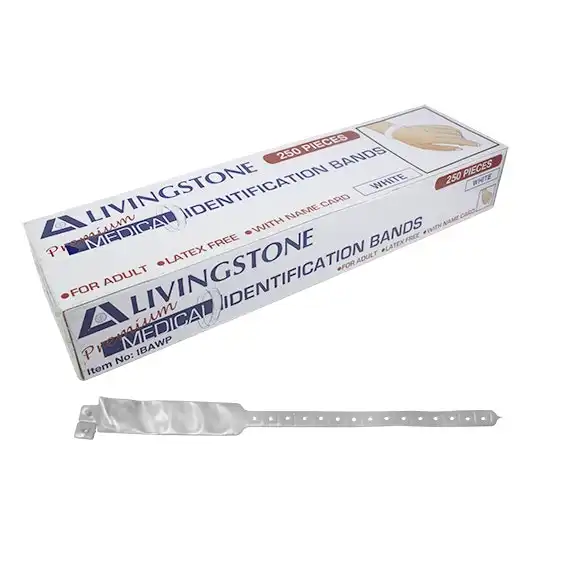 Livingstone Premium Personal Identification ID Bands, Adult, with Name Card, Latex Free, White, 250/Box x8