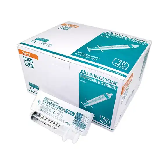Livingstone Syringe, 30ml, Luer Lock Tip, Latex Free, Hypoallergenic, Sterile, 50/Box x9