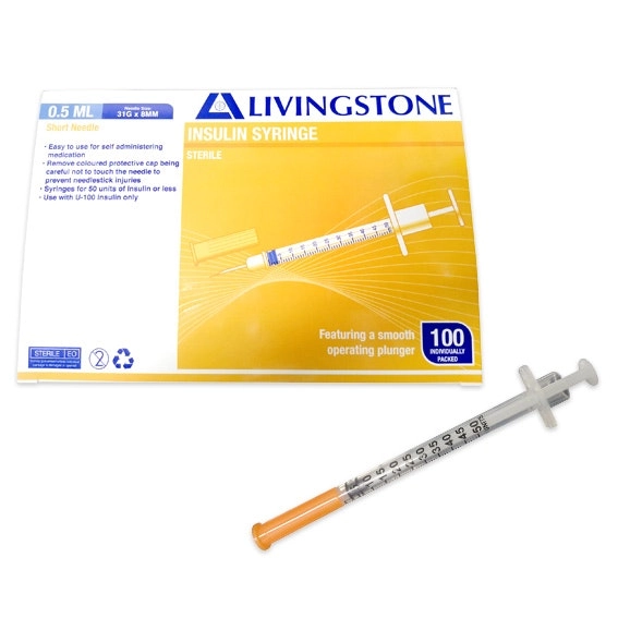 Livingstone Insulin Syringes, 0.5ml, with White Plunger, with Needle 31 Gauge x 0.32 Inch, 8mm, Sterile, 100 Pieces/Box x14