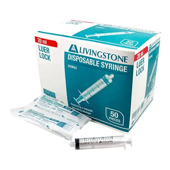 Livingstone Syringe, 20ml, Luer Lock Tip, Latex Free, Hypoallergenic, Sterile, 50/Box x15