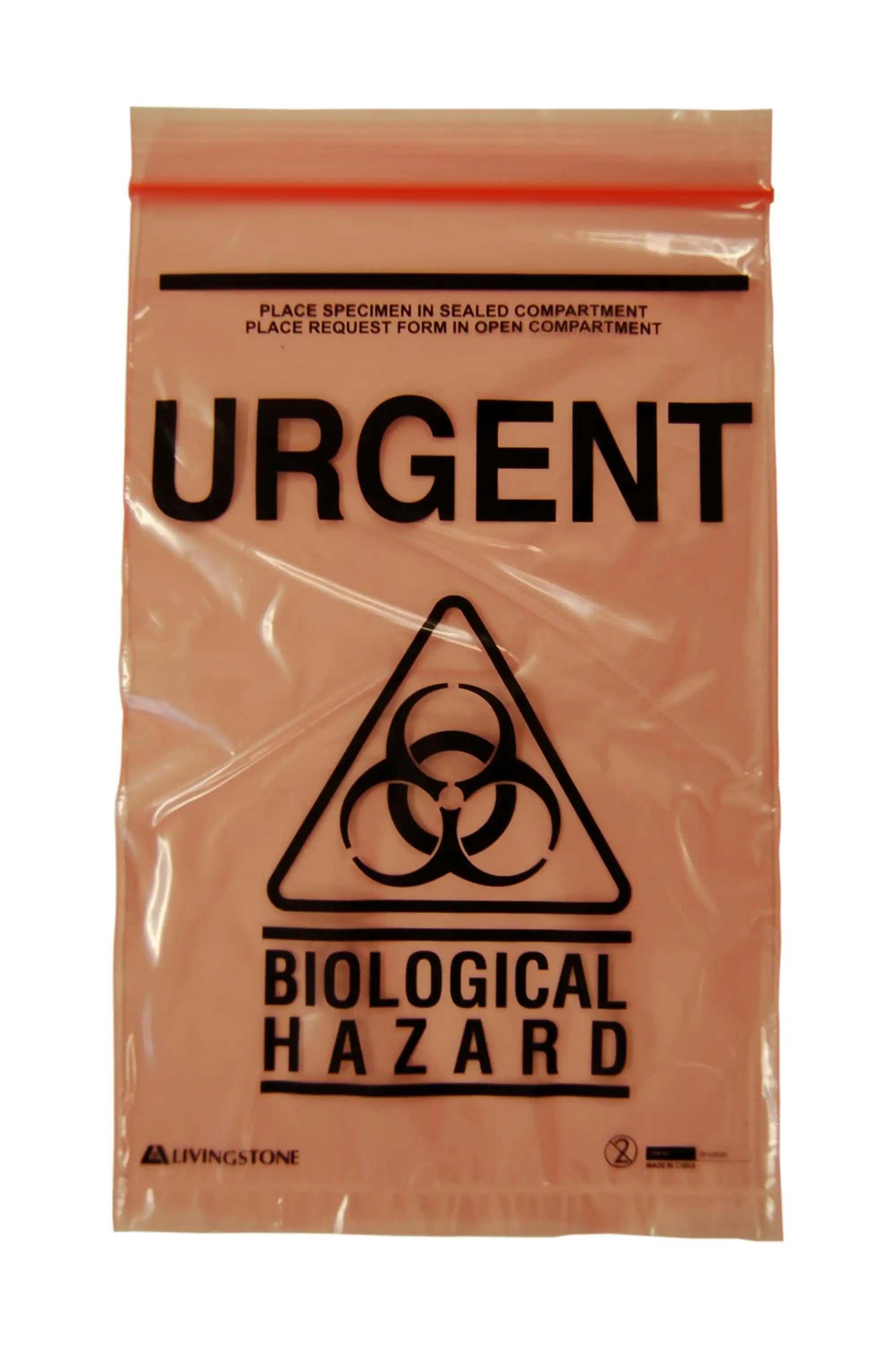 Livingstone Biohazard Specimen Bag,16x24.5cm,3-Ply,2 Compt,Zip Compt,2-Ply,45um,Pouch Compt,1-Ply,32um,w/ Urgent Label Red Tint,2000/Ctn x3