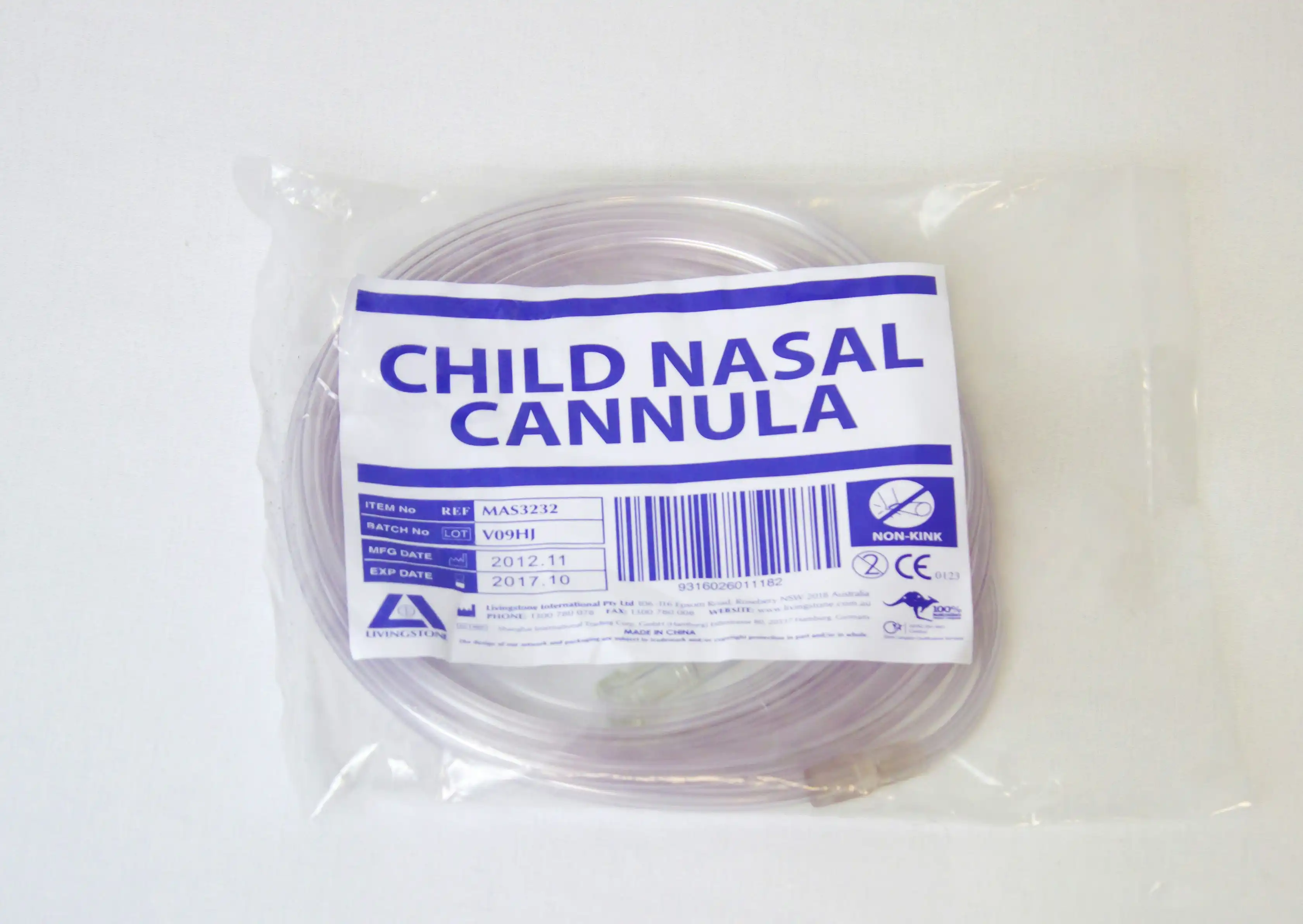 Livingstone Twin Nasal Oxygen Cannula Soft Tip Child Paediatric 2m Oxygen Tube White